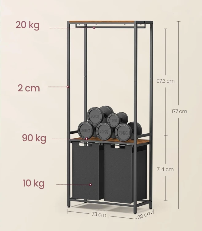 Wymiary: szerokość: 73 cm, głębokość: 33 cm, wysokość: 177 cm. Maksymalne obciążenie blatu: 90 kg.