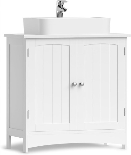 Biała szafka stojąca pod umywalkę, 30 × 60 × 60 cm, zamykana – prosty design, matowe wykończenie, pełne drzwi.