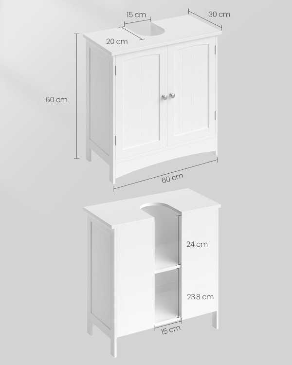 Szafka łązienkowa pod umywalkę o wymiarach całkowitych:  wysokość: 60,0 cm, szerokość: 60,0 cm, głębokość: 30 cm.