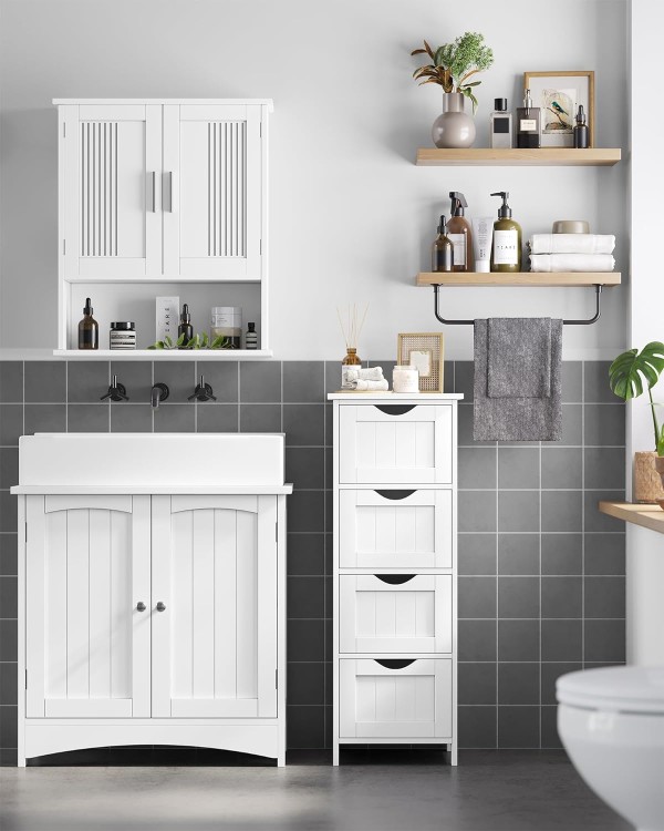 Produkt marki Songmics/Vasagle z płyty MDF odpornej na wilgoć, idealny do nowoczesnych łazienek.