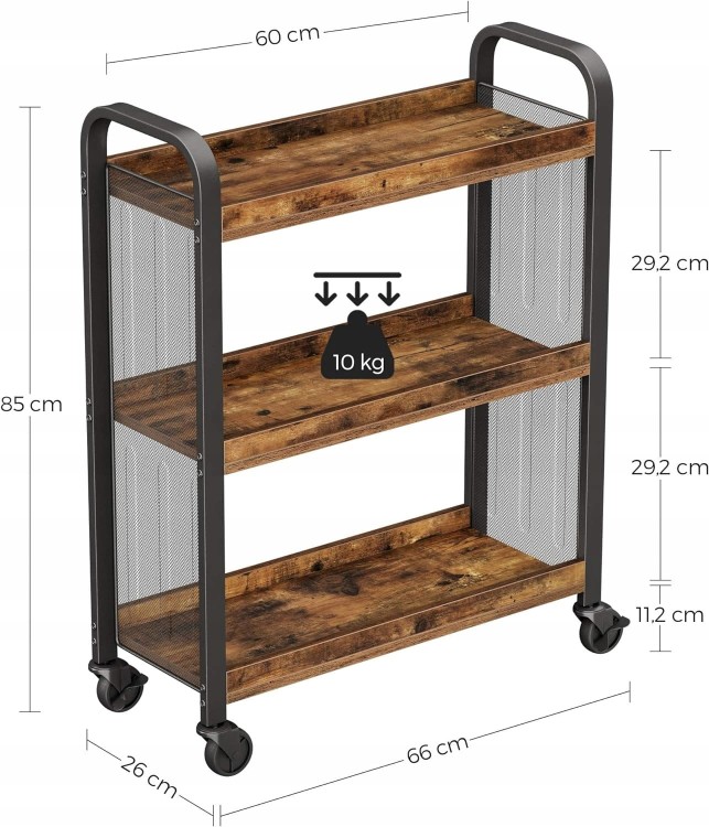 Wymiary: 66 x 26 x 85 cm, maksymalne obciążenie półki: 10 kg.