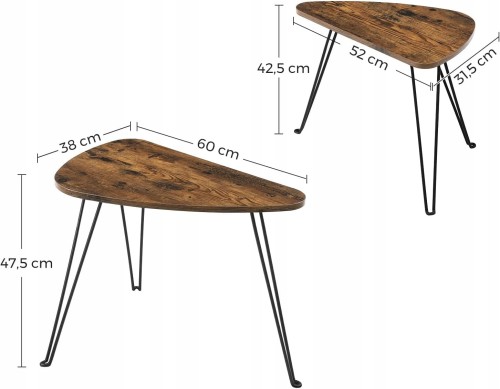 Wymiary większego stolika: 60 x 38 x 47,5 cm (szerokość x głębokość x wysokość). Wymiary mniejszego stolika: 52 x 31,5 x 42,5 cm (szerokość x głębokość x wysokość).