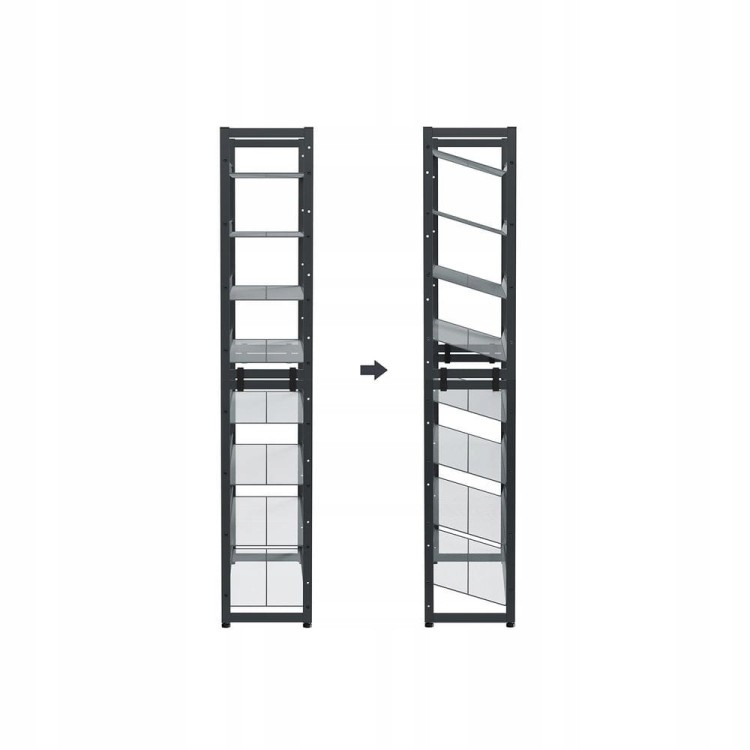 Stojak na buty posiada możliwość możliwość łączenia dwóch 4-poziomowych modułów w 8-poziomowy regał, z półkami znajdujących się w linii prostej lub pod kątem.