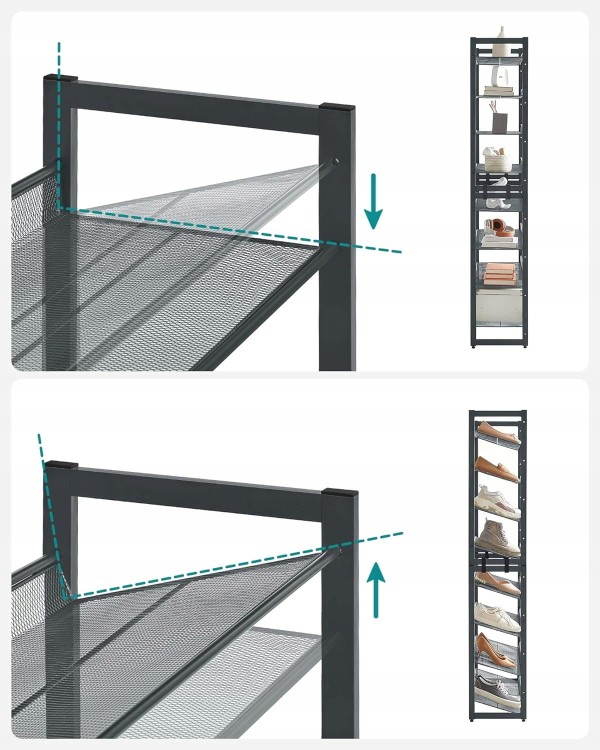 Stojak na buty umożliwia zamontowanie 8 półek na płasko lub pod kątem.