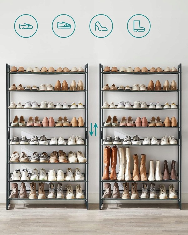 Dzięki odległości 20 cm między półkami, ten regał oferuje wystarczająco dużo miejsca na buty do ćwiczeń, czółenka, a nawet wysokie kozaki.