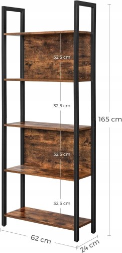 Wymiary: 62 x 24 x 165 cm (szerokość x głębokość x wysokość). Odległość między półkami: 32,5 cm.