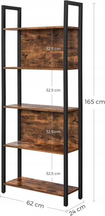 Wymiary: 62 x 24 x 165 cm (szerokość x głębokość x wysokość). Odległość między półkami: 32,5 cm.