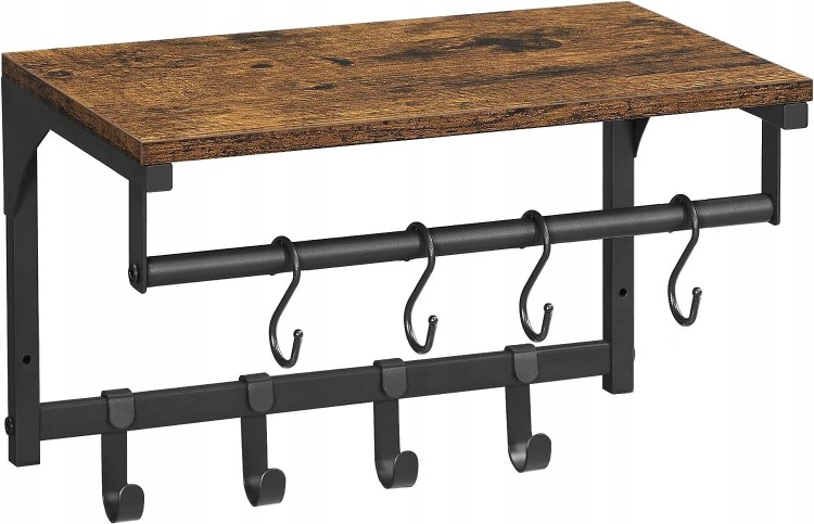 Wieszak ŚCIENNY wiszący Z PÓŁKĄ 40 x 24 cm vintage LOFT drążek +8 HACZYKÓW.