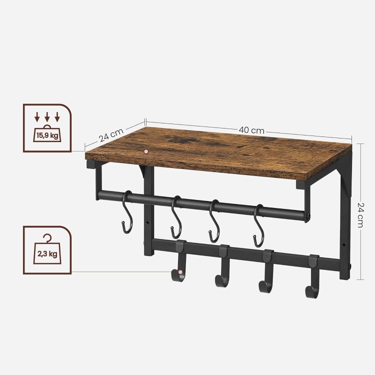 Wieszaki ścienny LOFT VASAGLE, wymiary 40 cm szerokości × 24 cm wysokości × 24 cm głębokości. Górna półka nośność do 15,9 kg a haczyki do 2,3kg.