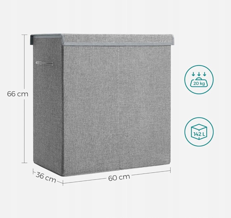 Kosz na pranie Songmics o pojemności 142 l, wykonany z szarej tkaniny imitującej len. Wymiary: 60 × 36 × 66 cm. Maksymalne obciążenie do 20kg.