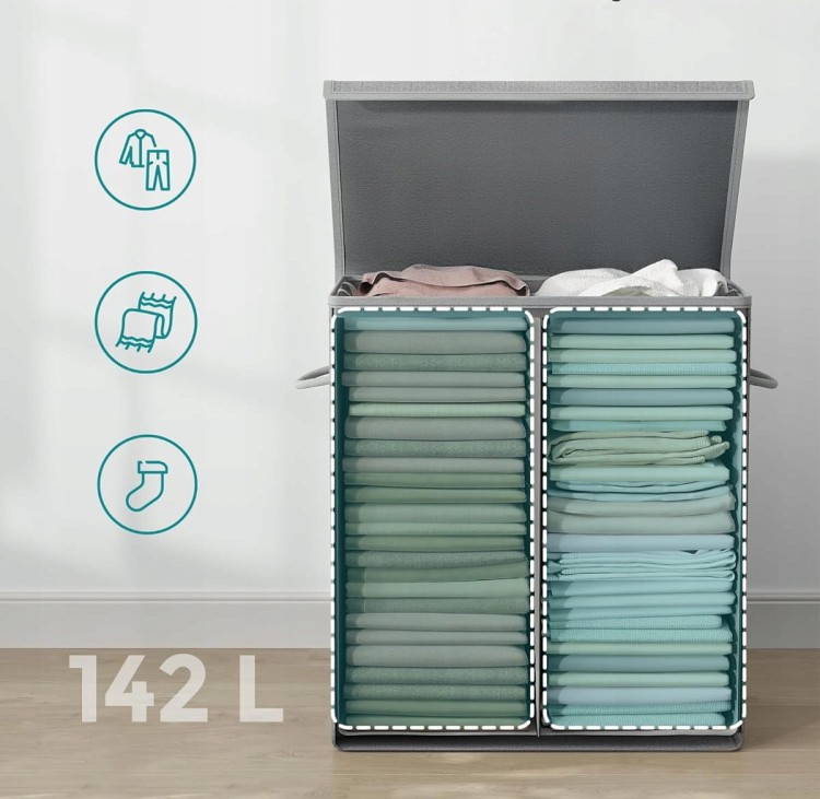 Kosz o pojemności do 142l i dwoma przegródkami do sortowania prania.
