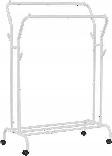 DUŻY MOBILNY wieszak na ubrania 2 DRĄŻKI 103,5 cm metalowy BIAŁY NA KÓŁKACH.