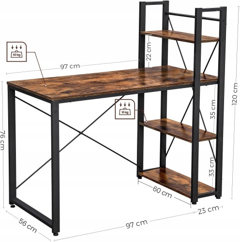 Biurko o wymiarach 60 × 120 × 120 cm w stylu vintage/LOFT – solidna stalowa konstrukcja i rustykalny blat w odcieniach brązu.