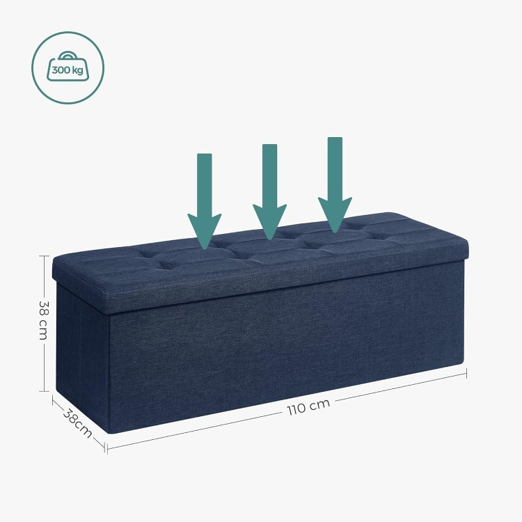 Tapicerowana skrzynia Songmics o wymiarach 110 × 38 × 38 cm, niebieski pikowany siedzisko, rama z płyty MDF. Nośność do 300 kg.