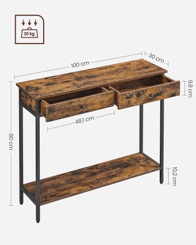 Konsola LOFT retro o wymiarach 100 cm szerokości × 30 cm głębokości × 80 cm wysokości.