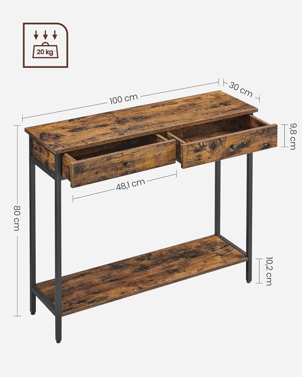 Konsola LOFT retro o wymiarach 100 cm szerokości × 30 cm głębokości × 80 cm wysokości.