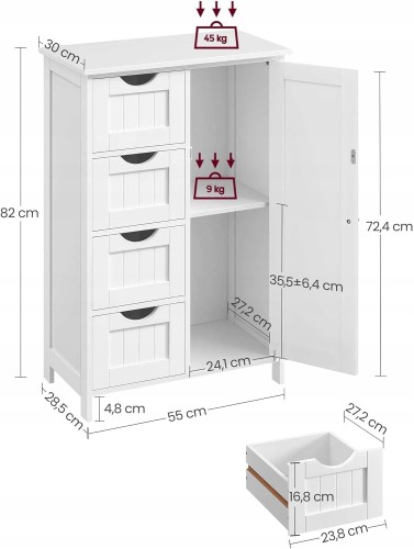Wymiary: 55 x 30 x 82 cm (szerokość x głębokość x wysokość). Wymiary szuflad: 23,8 x 27 x 11 cm (szerokość x głębokość x wysokość).