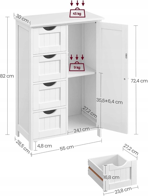 Wymiary: 55 x 30 x 82 cm (szerokość x głębokość x wysokość). Wymiary szuflad: 23,8 x 27 x 11 cm (szerokość x głębokość x wysokość).