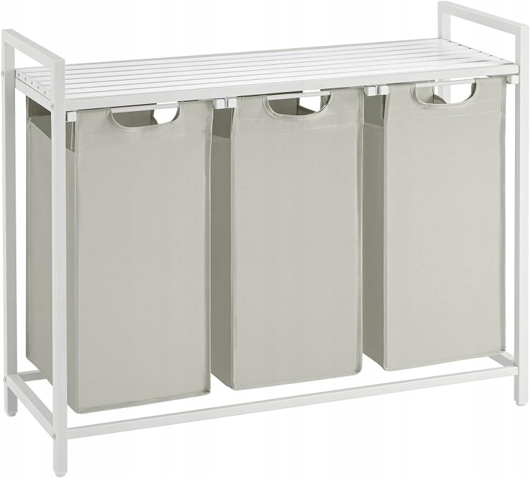 Kosz wolnostojący 3 PRZEGRÓDKI na pranie 3x38L 92,5x33x72 cm BIAŁY z półką.