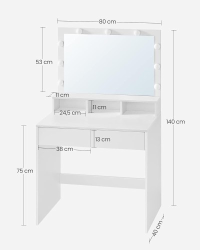 Wymiary toaletki: szerokość: 80 cm, głębokość: 40 cm, wysokość: 140 cm.