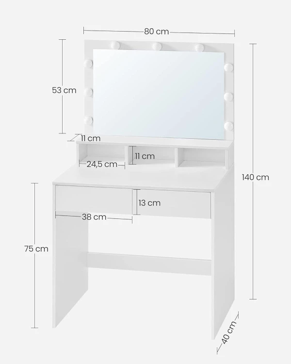 Wymiary toaletki: szerokość: 80 cm, głębokość: 40 cm, wysokość: 140 cm.