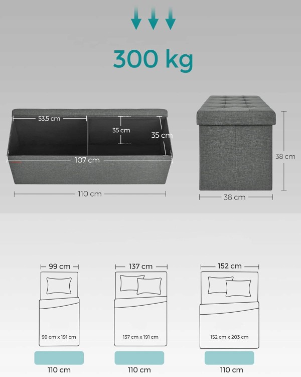Skrzynia tapicerowana Songmics o wymiarach 110 cm × 38 cm × 38 cm. Wykonana na konstrukcji z płyty MDF, wytrzymuje obciążenie do 300 kg. Komponuje się jako schowek do każdego rozmiaru łóżka.