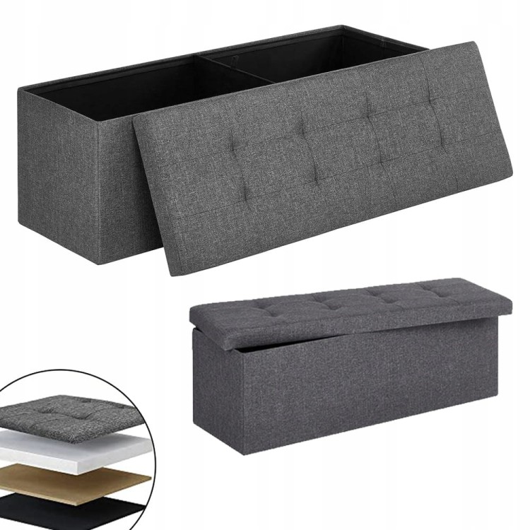 Detale klasy premium: pikowana tapicerka z imitacji lnu, miękka pianka pod pokrywą oraz estetycznie zaprojektowana rama MDF. Widoczne eleganckie przeszycia oraz wygodny system otwierania.