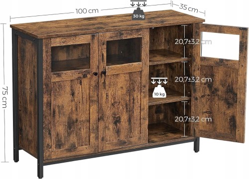 Modna komoda industrialna Songmics/VASAGLE LSC099B01V1 o wymiarach 100 × 35 × 75 cm. Maksymalna ładowność blatu to 30 kg, półek wewnętrznych – 10 kg.