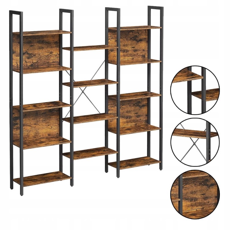 Półki regału, ustawione na różnych wysokościach, zabezpieczenia krzyżowe oraz tylna ściana półek.