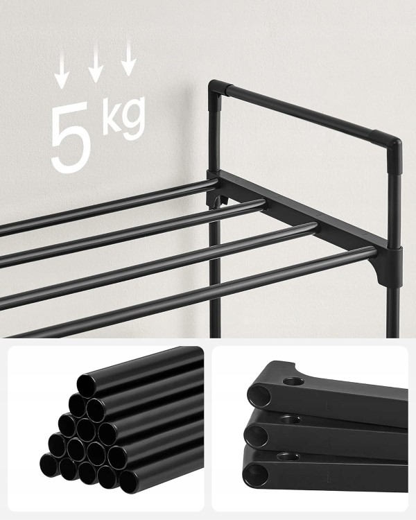 Detale konstrukcji pokazują metalowe półki i solidne mocowania z tworzywa – podkreślają trwałość i stabilność, a każda półka udźwignie do 5 kg.