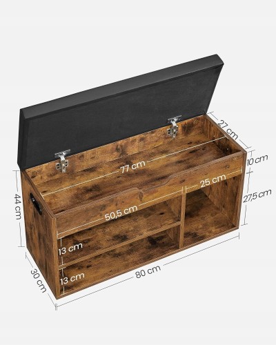 Wąska ławka‑szafka na buty LOFT, 80 cm szerokości × 30 cm głębokości × 44 cm wysokości.