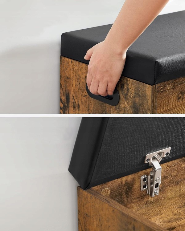 Ławka garderobiana wyposażona w 2 wytrzymałe zawiasy ze stopu metali, które zapewniają stabilność i zapobiegają nagłemu zamknięciu pokrywy. Dzięki 2 bocznym uchwytom łatwo przesuwać tapicerowaną ławkę.