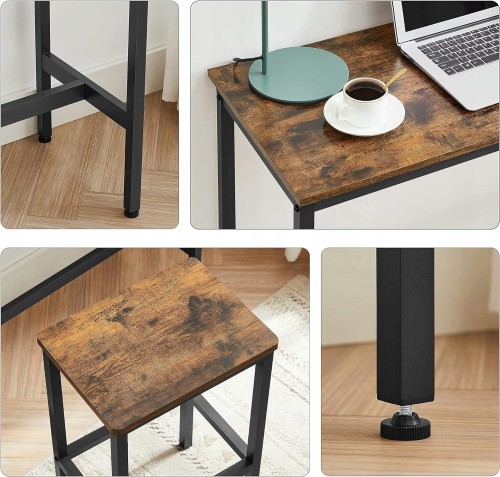 Detale konstrukcji: stalowa rama malowana proszkowo, rozkładane nogi z rozpórkami będącymi jednocześnie podnóżkami, materiał: płyta wiórowa o rustykalnej strukturze. Hokery stabilne i łatwe w montażu. Regulowane nóżki.