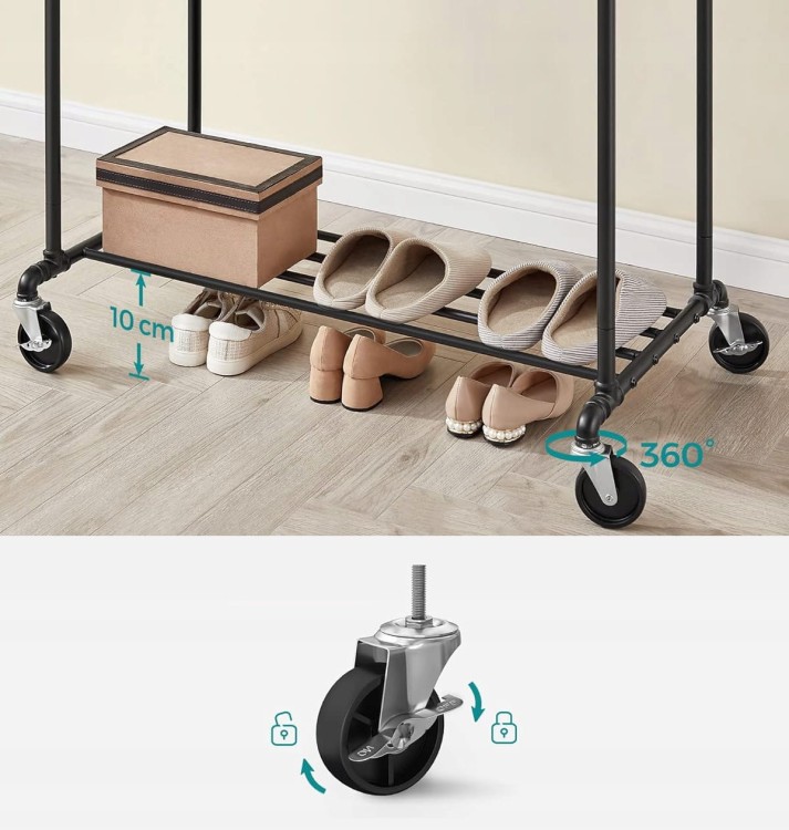 Mobilny stojak z obrotowymi kółkami i dolną półką na wysokości 10cm.