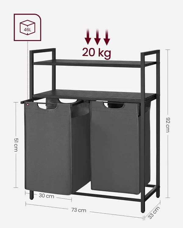 Wymiary całkowite: ‎73 x 33 x 92 cm, pojemność całkowita: 92 L i nośność górnej półki do 20kg.