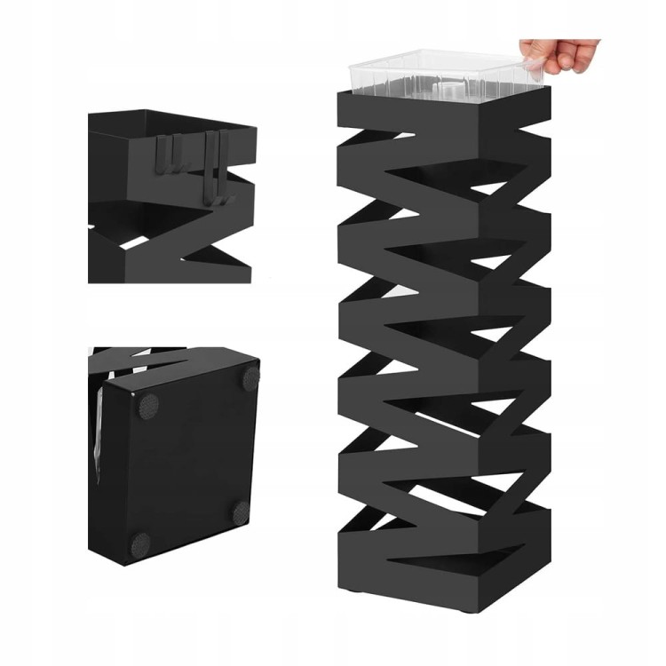 Zbliżenie na plastikowy pojemnik na wodę, haczyki i zabezpieczające nóżki.