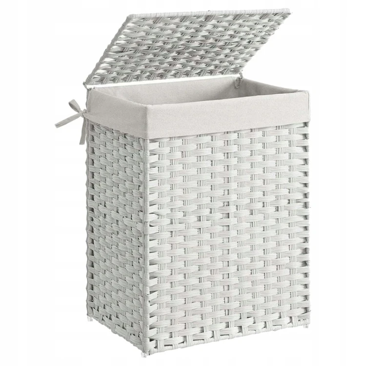 Kosz na pranie pojemnik wolnostojący UCHWYTY POKRYWA BIAŁY RATTAN 90L.