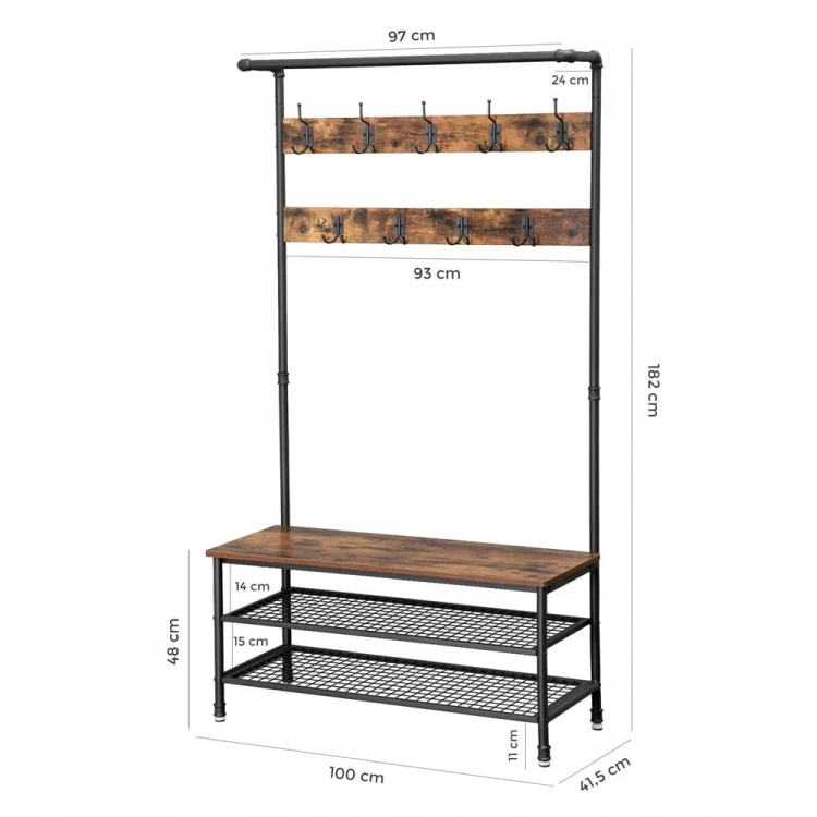 Wymiary: 100 x 41,5 x 182 cm (szerokość x głębokość x wysokość). Odległość między półkami na buty: 15 i 14 cm.