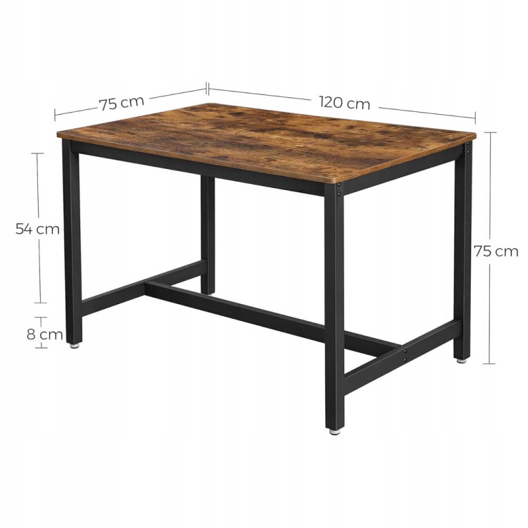 Stół prostokątny VASAGLE (model KDT75X) o wymiarach 120 × 75 × 75 cm (dł. × szer. × wys.).