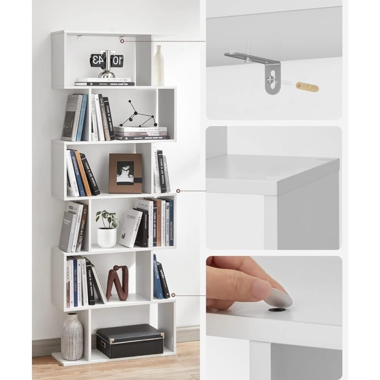 Otwarty regał z przybliżonym mocowaniem, zapewniającym stabilizację oraz śrubki zakryte dołączonymi do zestawu naklejkami.