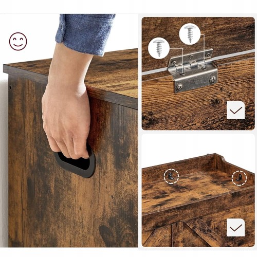 Zbliżenie na zapięcie pokrywy: dwa zawiasy z systemem zatrzymywania otwarcia (ok. 60°), boczne uchwyty do przenoszenia.