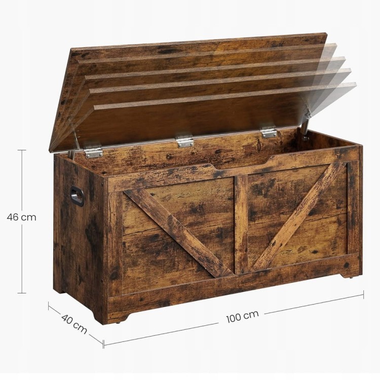 Skrzynia do przechowywania Songmics/VASAGLE w stylu rustykalnym LOFT — 100 cm szerokości × 40 cm głębokości × 46 cm wysokości.
