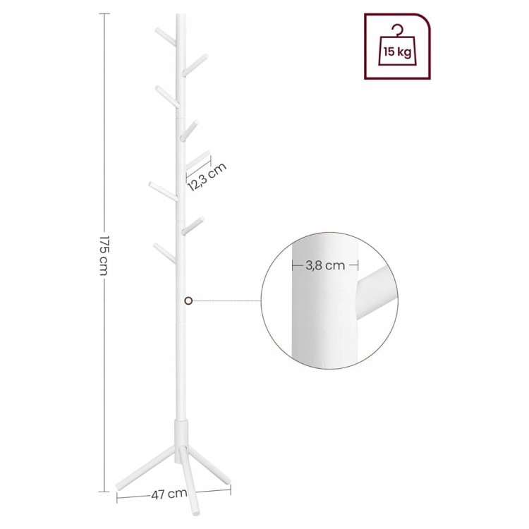 Wymiary produktu: wysokość: 175 cm, szerokość: 47 cm. Drążek grubości 3,8cm. Maksymalne obciążenie do 15kg.