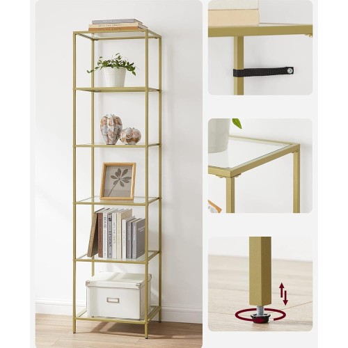 Zbliżenie elementów regału: szklane półki o grubości 4 mm, metalowe profile malowane proszkowo, regulowane nóżki zapewniające stabilność oraz dodatkowe zabezpieczenia stabilizujące.