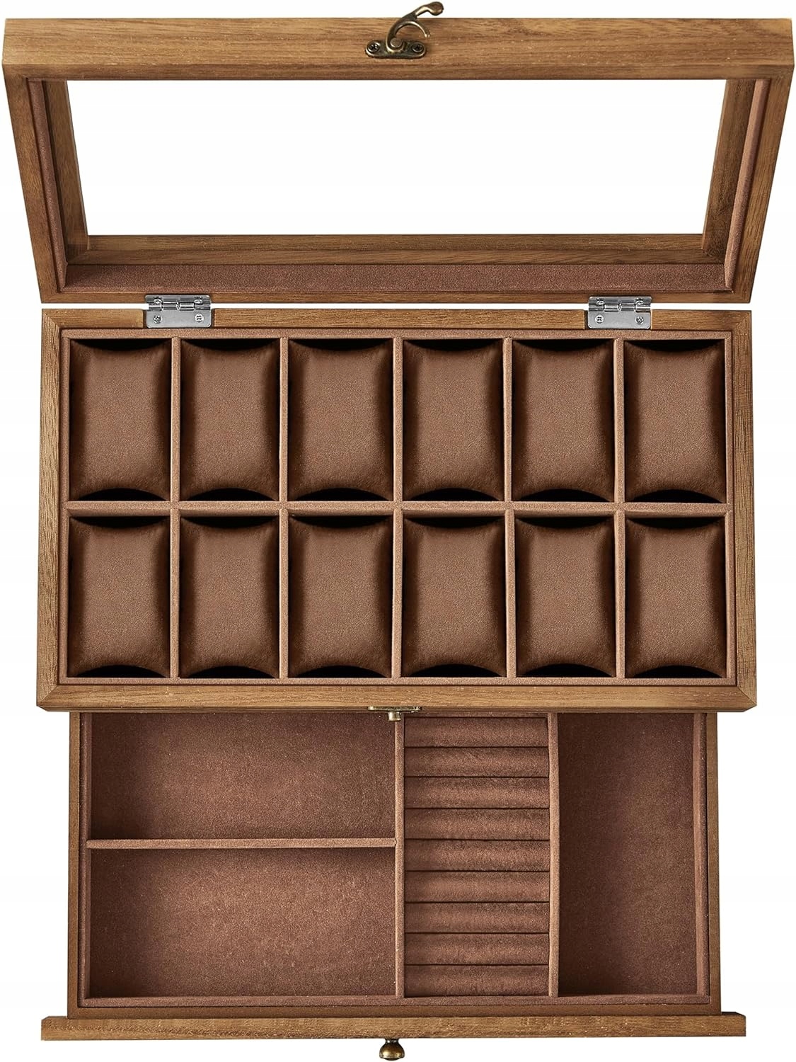 Pudełko na zegarki 12 przegródek SZKATUŁKA drewniana SZKŁO ELEGANCKA