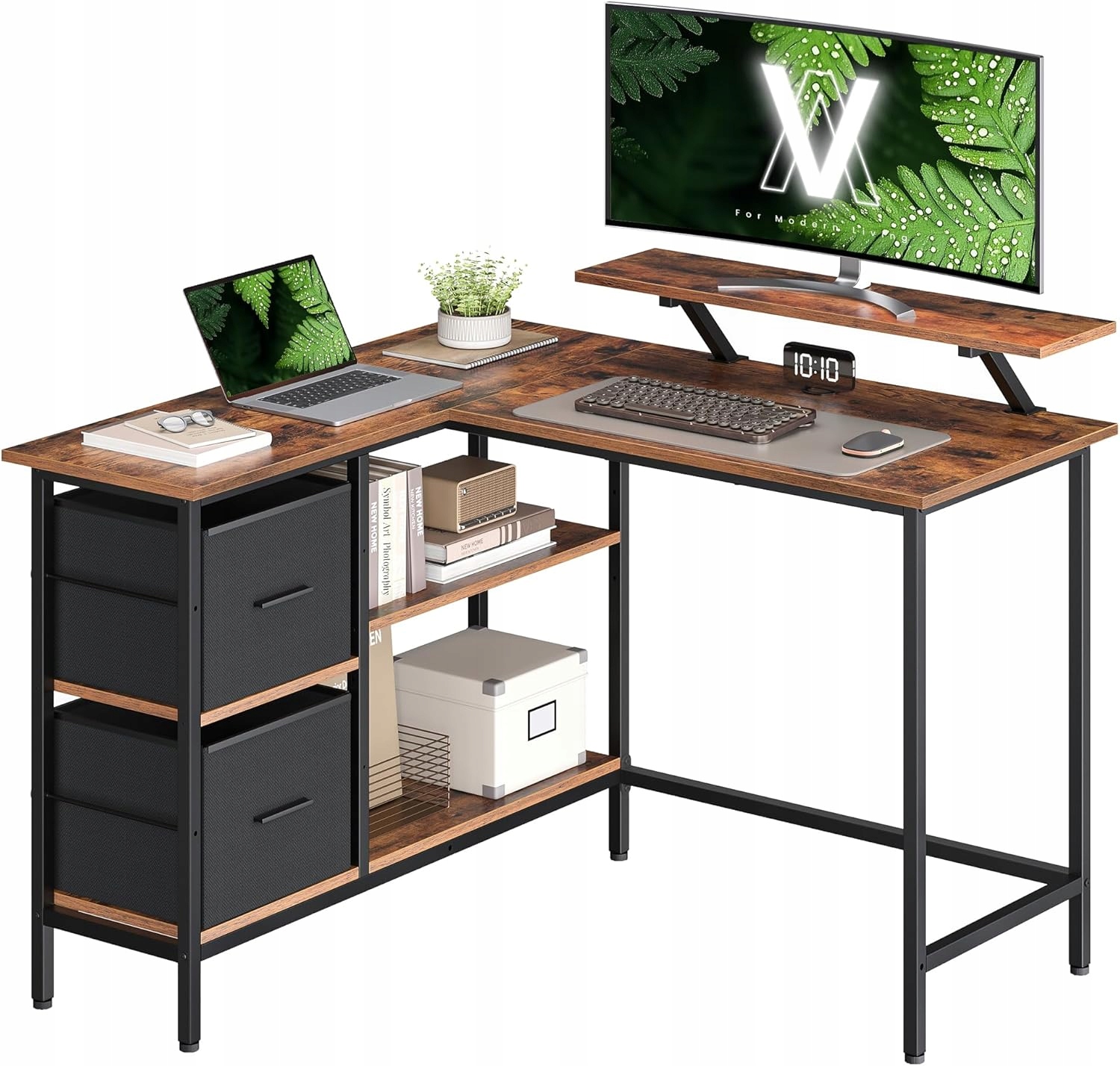BIURKO NAROŻNE L LOFT Z SZUFLADAMI I NADSTAWKĄ NA MONITOR 115x105