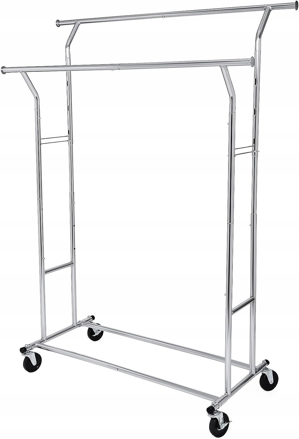 Mobilny wieszak na ubrania 2 DRĄŻKI 129-169 cm NA KÓŁKACH metalowy srebrny